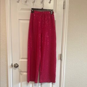 Pink Sequin Wide-Leg High-Waisted Pants